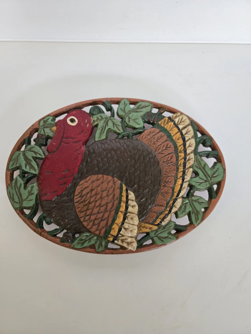 Vintage Painted Cast Iron Turkey Trivet Wall Plaque - Brown, Red, Green, Gold